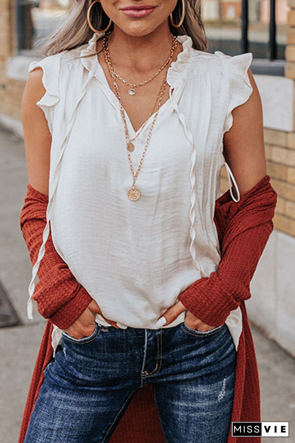 Beige Frilled Tie V Neck Ruffle Tank Top