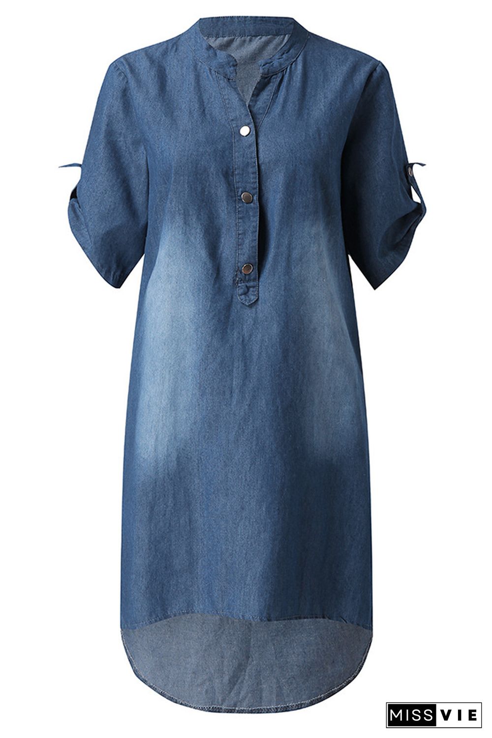 V Neck Button Washed Denim Dress