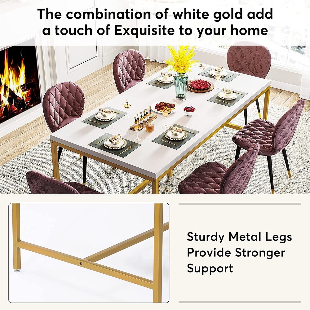 6FT Modern White Gold Rectangle Dining Table Set for 6 with Heavy Duty Metal Legs for Dining Room Kitchen Living Room