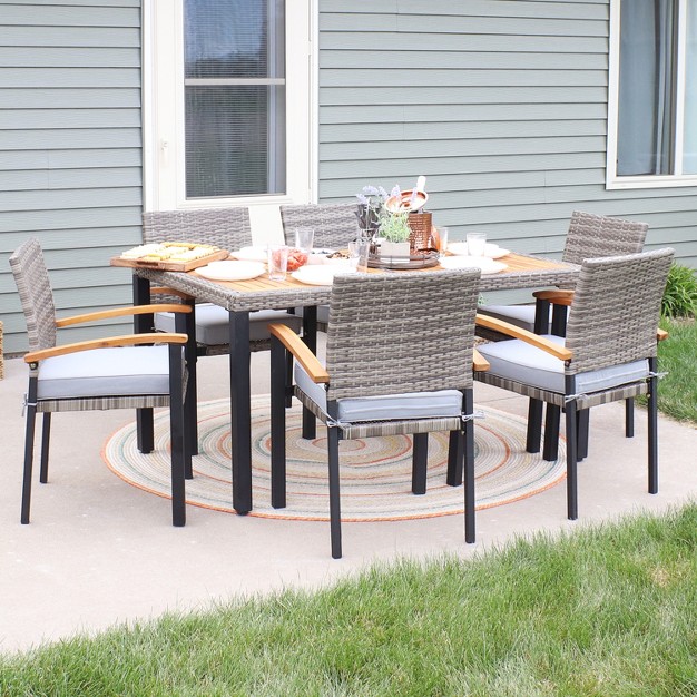 Sunnydaze Outdoor Rattan And Acacia Wood Carlow Patio Dining Set With Table Chairs And Seat Cushions 7pc