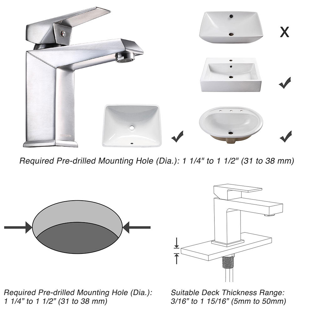 Aquaterior Bathroom Sink Faucet Square 1-Handle Cold & Hot, 7