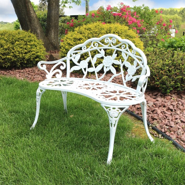 Sunnydaze 2 person Classic Rose Design Cast Aluminum Outdoor Garden Bench White