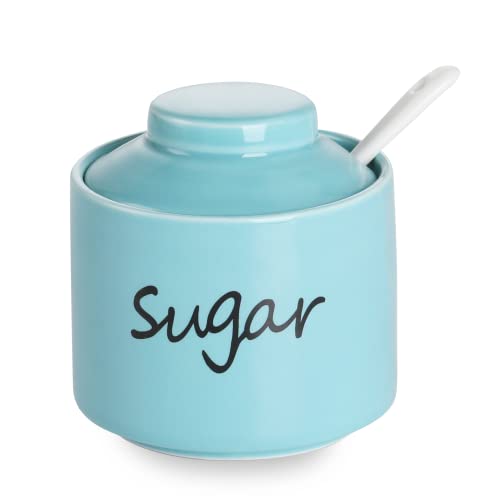 Ceramic Sugar Bowl with Lid and Spoon，Porcelain Sugar Pot，8oz (Turquoise)