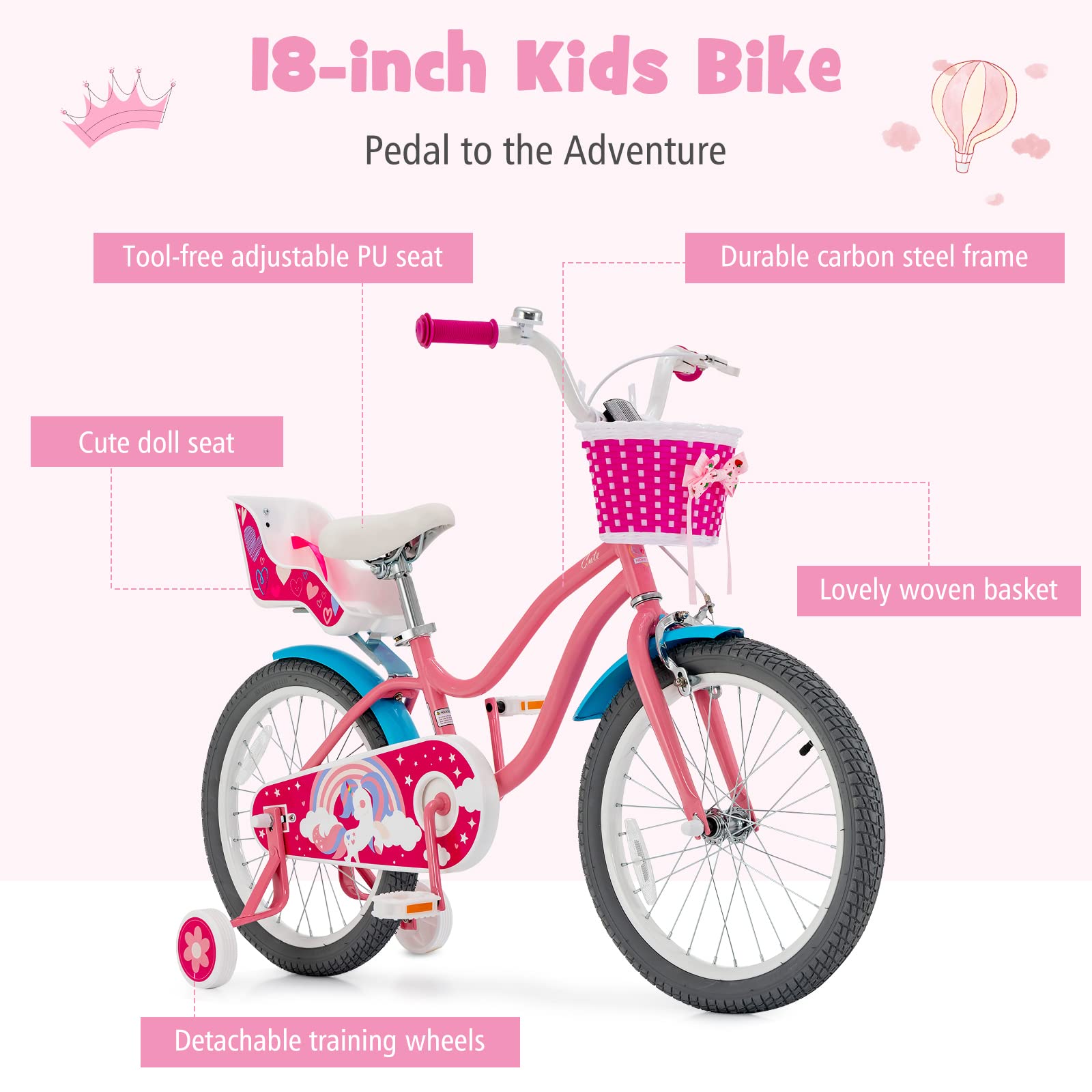 Costzon Kids Bike 18 Inch w/Removable Training Wheels, Adjustable Seat, Steel Frame, Kids Bicycle