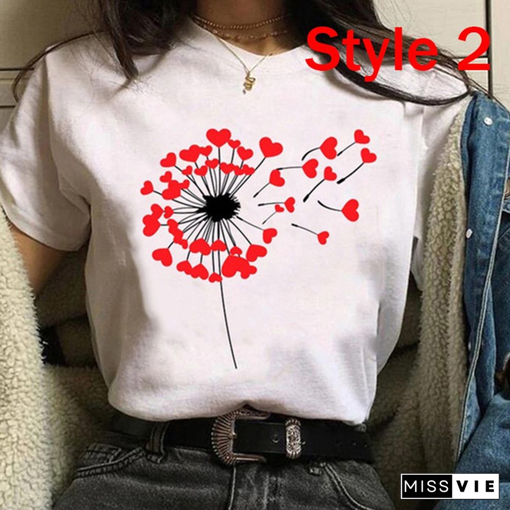 Women Clothes Lady Tees Graphic Printing Love Heart Sweet Valentine Cute Fashion Tops Female T Shirt Womens T-Shirt