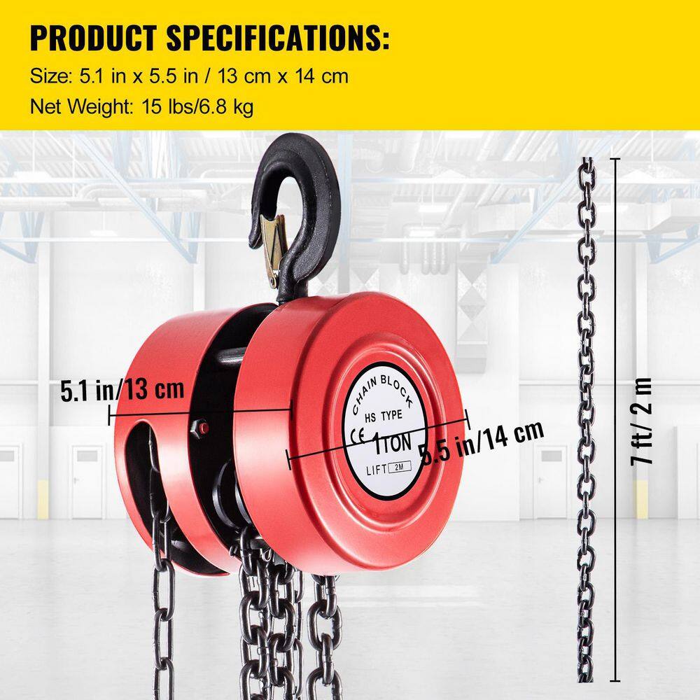 VEVOR Hand Chain Hoist 1-Ton Chain Block 2200 lbs. Capacity and 7 ft. Lift for Lifting Goods in Transport and Factories Red SLHLHSYX1T2M3RDT7V0