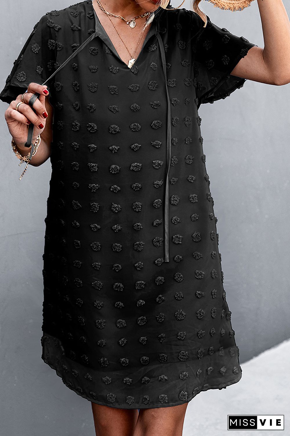 Jacquard Tie V-neck Short Sleeve Dress Wholesale