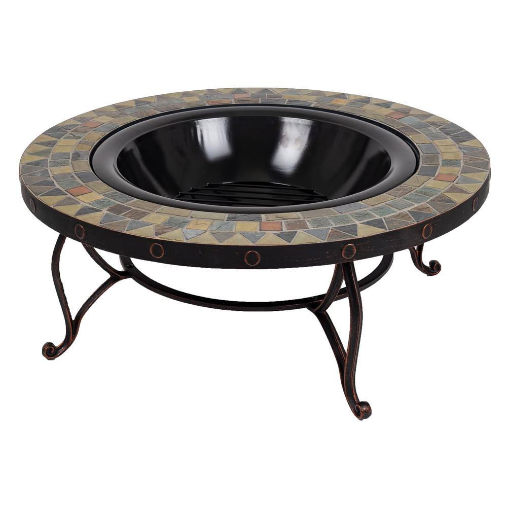 Pleasant Hearth Juniper Slate Top 34 in. W x 19.6 in. H Round Steel Wood Burning Rubbed Bronze Fire Pit OFW707RI