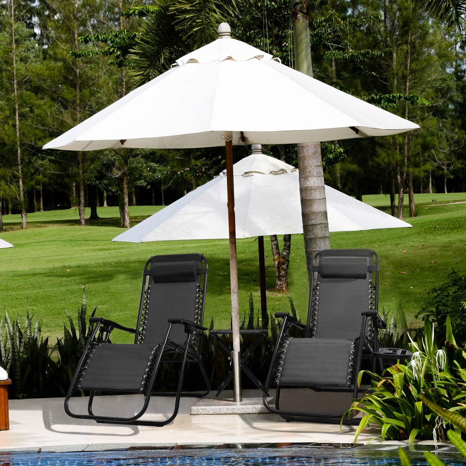 Lacoo Zero Gravity Chair Set with Table and Cup Holders Adjustable Lounge Chair for Poolside, Yard and Patio, Black