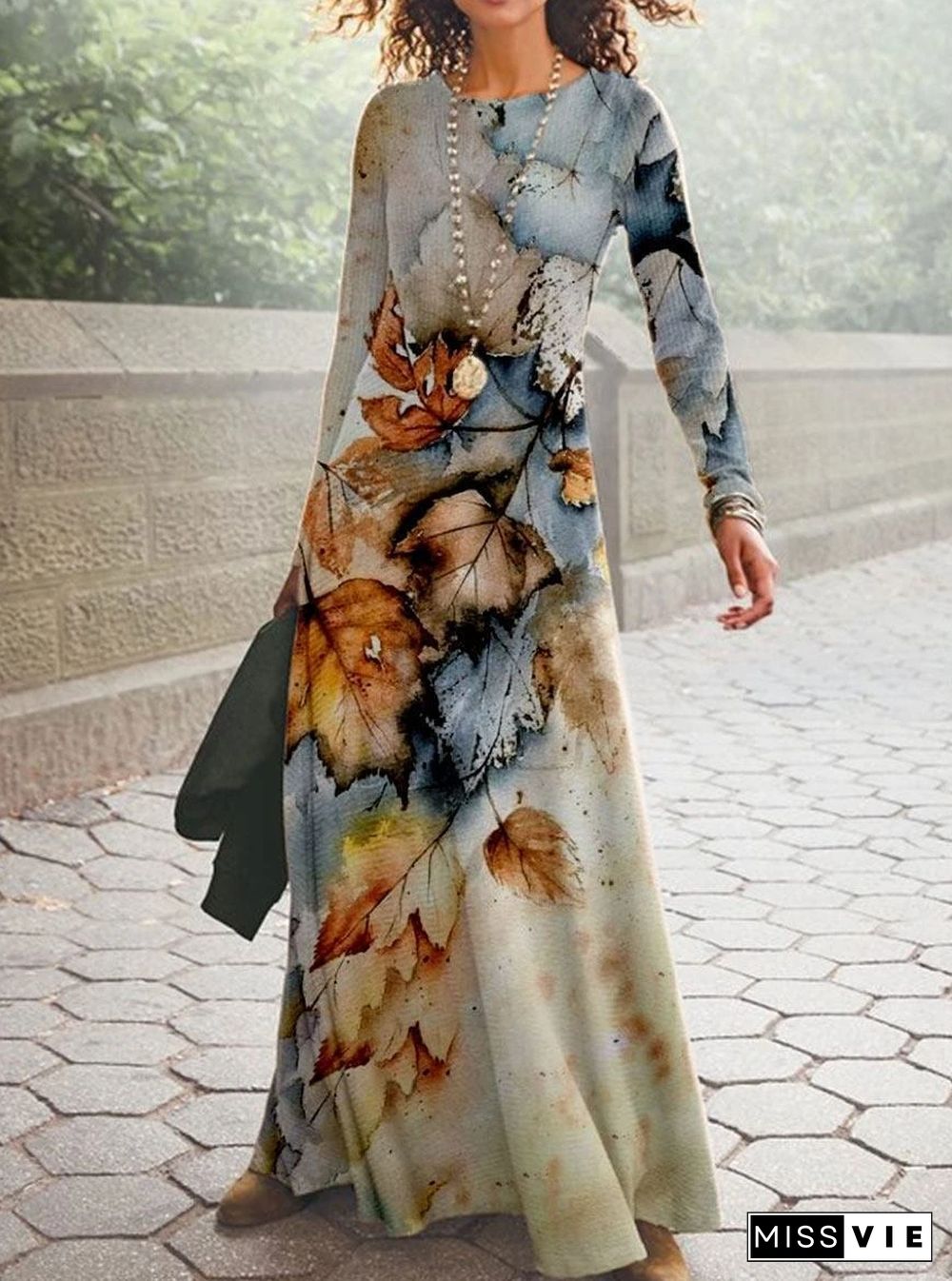 Fashion Leaf Print Round Neck Long Sleeve Casual Maxi Dress