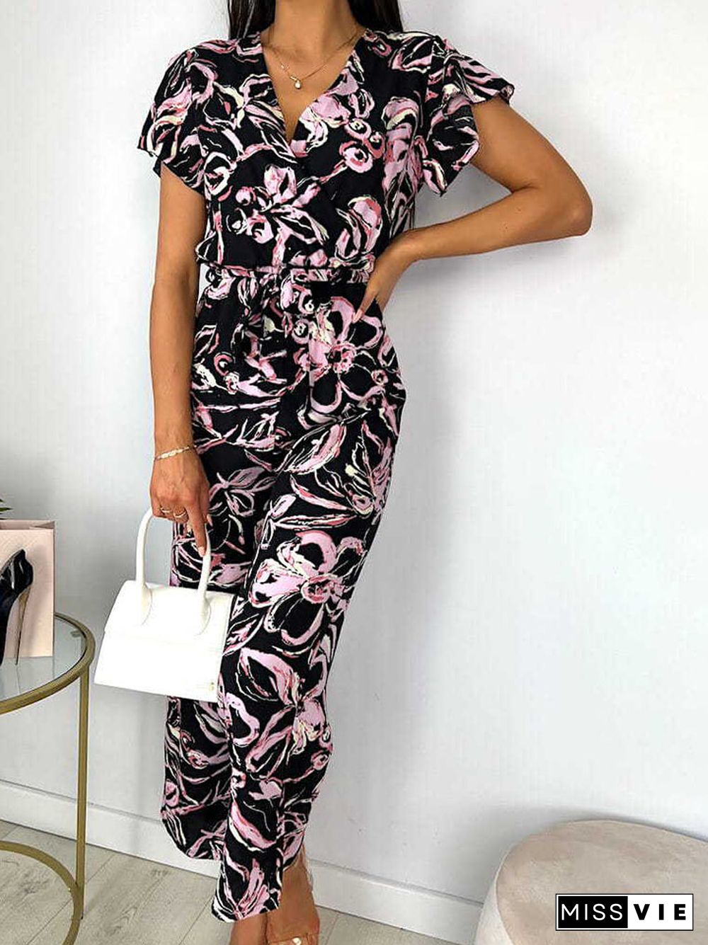 Fashion Women's Jumpsuit Long Pant Elegant V-neck Short Sleeve Casual Print Pockets Overalls Women Jumpsuits For Female Clothing