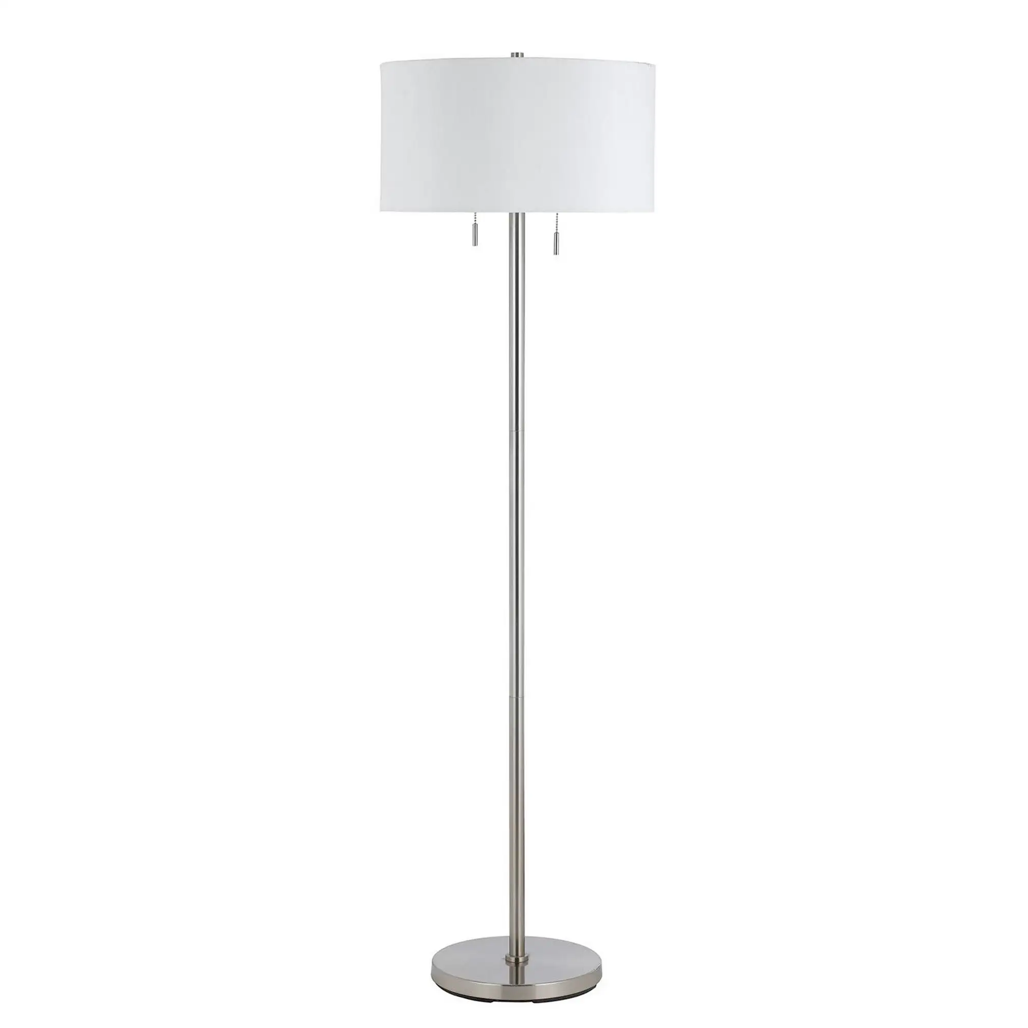 Metal Body Floor Lamp with Fabric Drum Shade and Pull Chain Switch, Silver