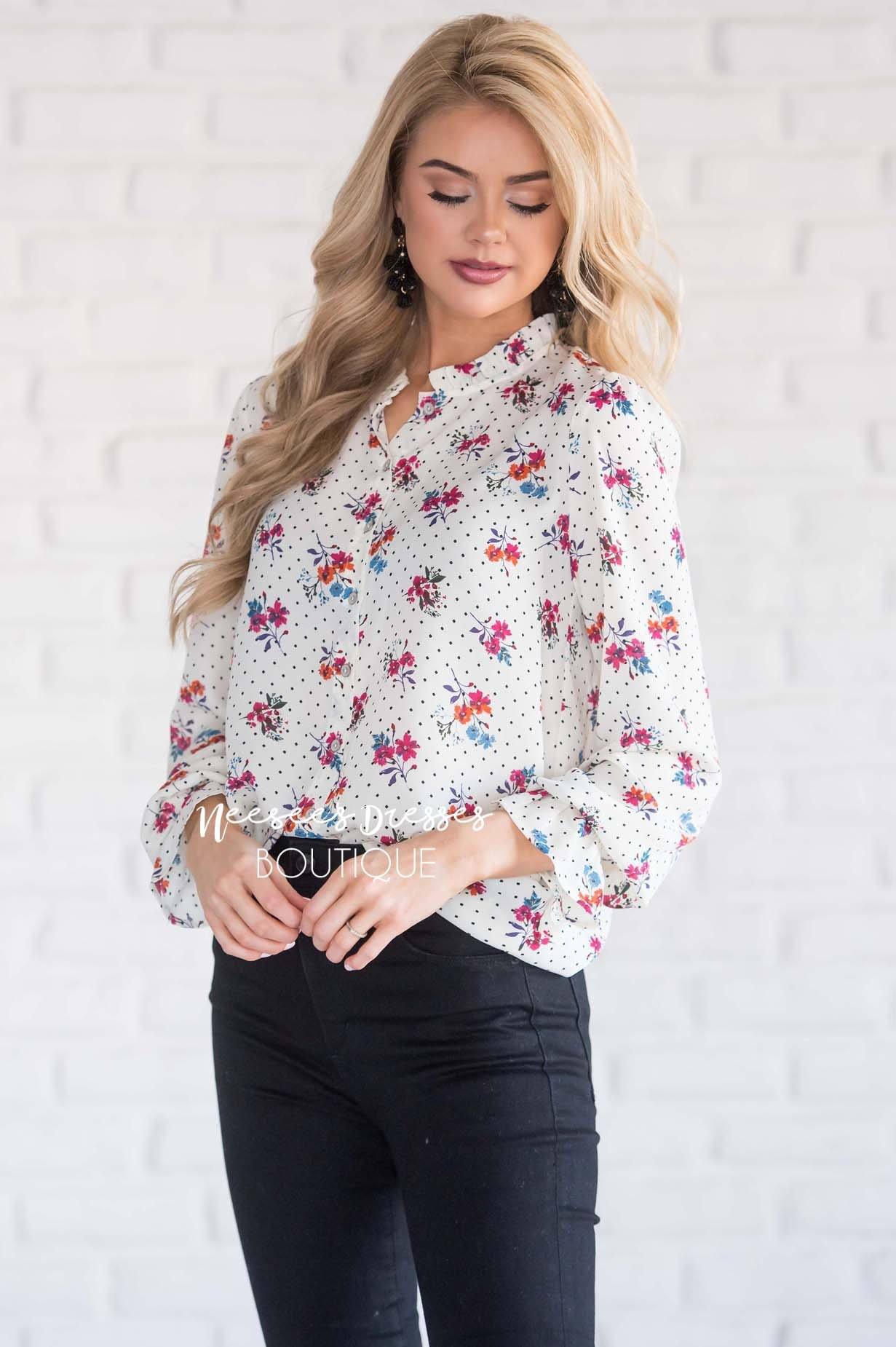 Ruffle Neck Polka Dot Floral Blouse