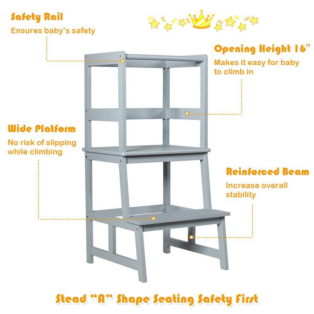 WELLFOR 2-Step Bamboo Clapper Toddler Kitchen Step Stool 200 lbs. with Safety Rail in Gray BB-HGY-5577GR