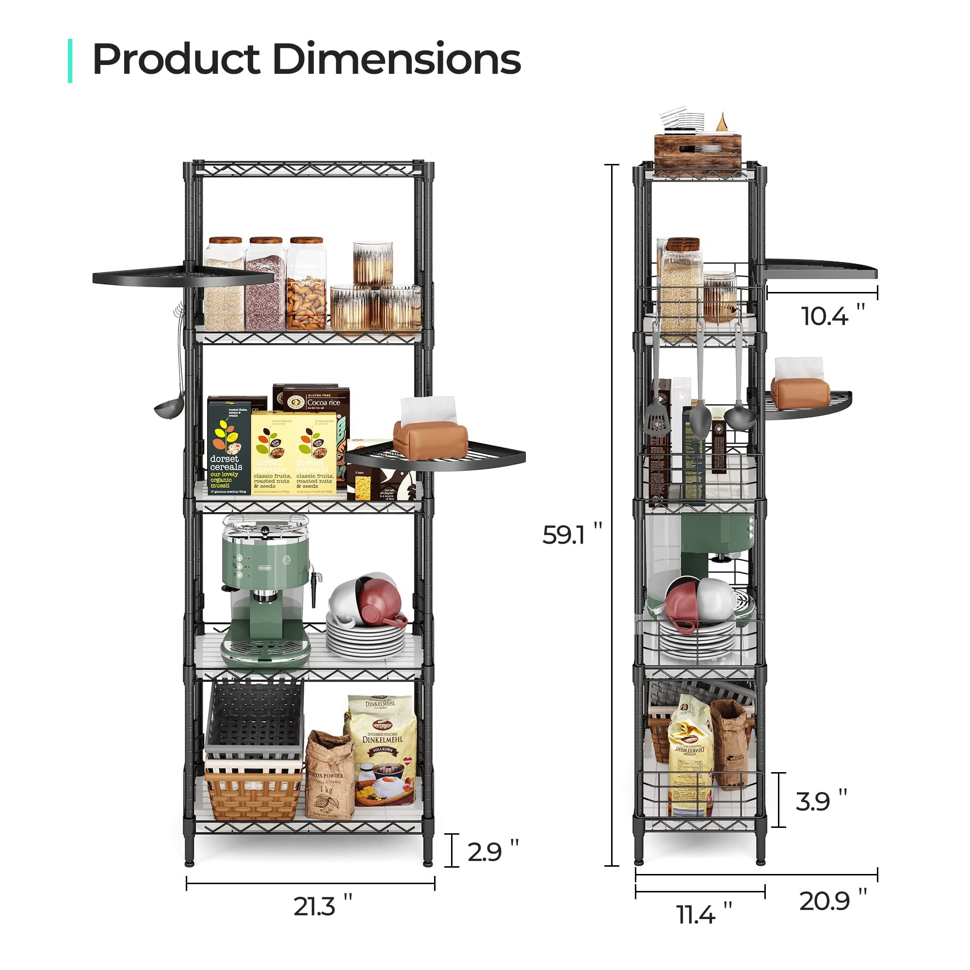 LINSY HOME 5 Tier Wire storage shelves with 2 Rotatable Shelves,Height Adjustable Shelf Rack with 5 Hooks for Garage Bedroom Bathroom-59.1