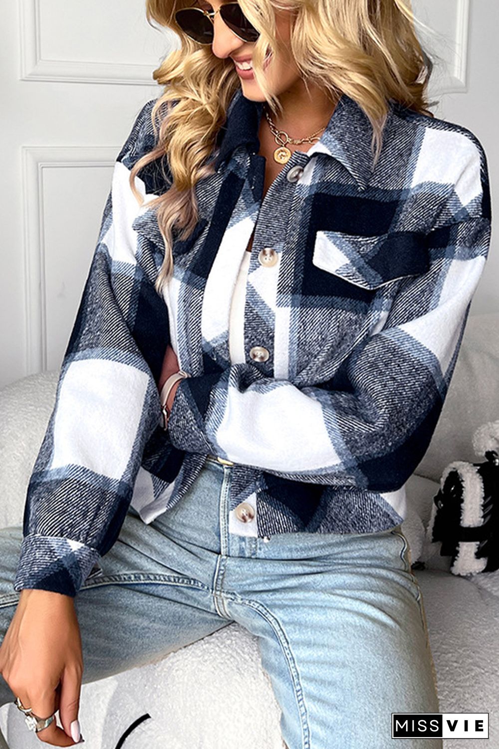 Buttton Pockets Plaid Short Jacket Coat