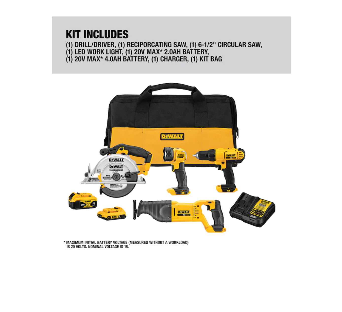 DEWALT DCK445D1M1 4-Tool 20-Volt Max Power Tool Combo Kit with Soft Case (2-Batteries and charger Included)