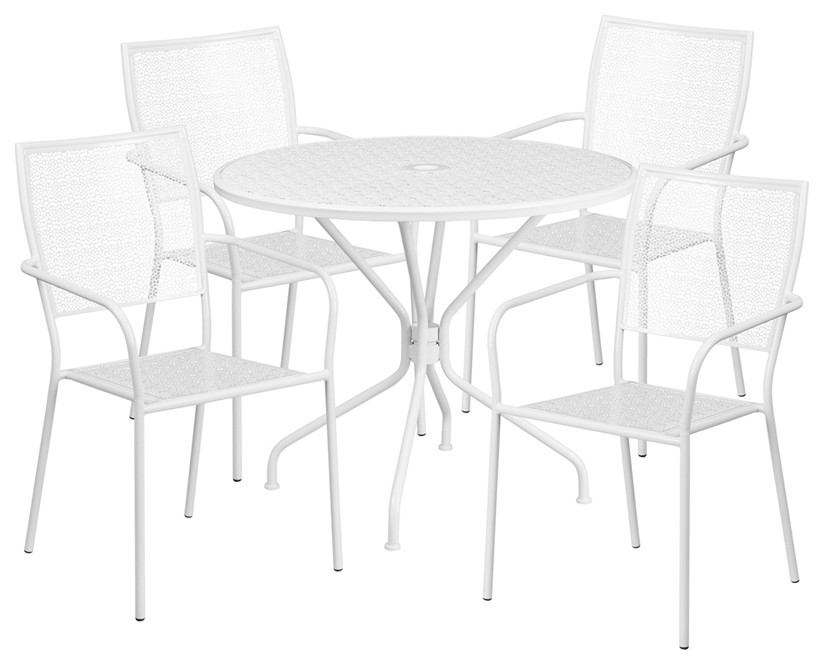 35.25 quotRound White Indoor/Outdoor Steel Patio Table Set  4 Square Back Chairs   Contemporary   Outdoor Dining Sets   by First of a Kind USA Inc  Houzz