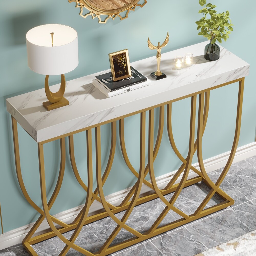 Faux Marble Console Table  39.4 in Modern Entryway Table with Gold Geometric Legs