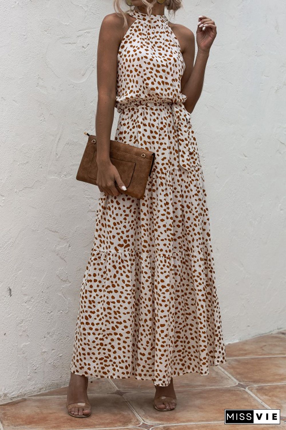 Halter Polka Dot Print Tie Waist Maxi Dress Wholesale