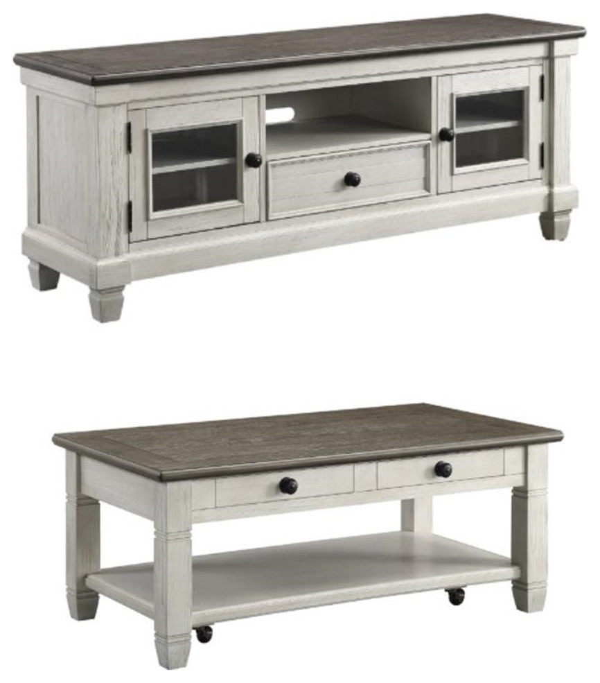 Home Square 2 Piece Set with Coffee Table and TV Stand in Antique White   Farmhouse   Entertainment Centers And Tv Stands   by Homesquare  Houzz