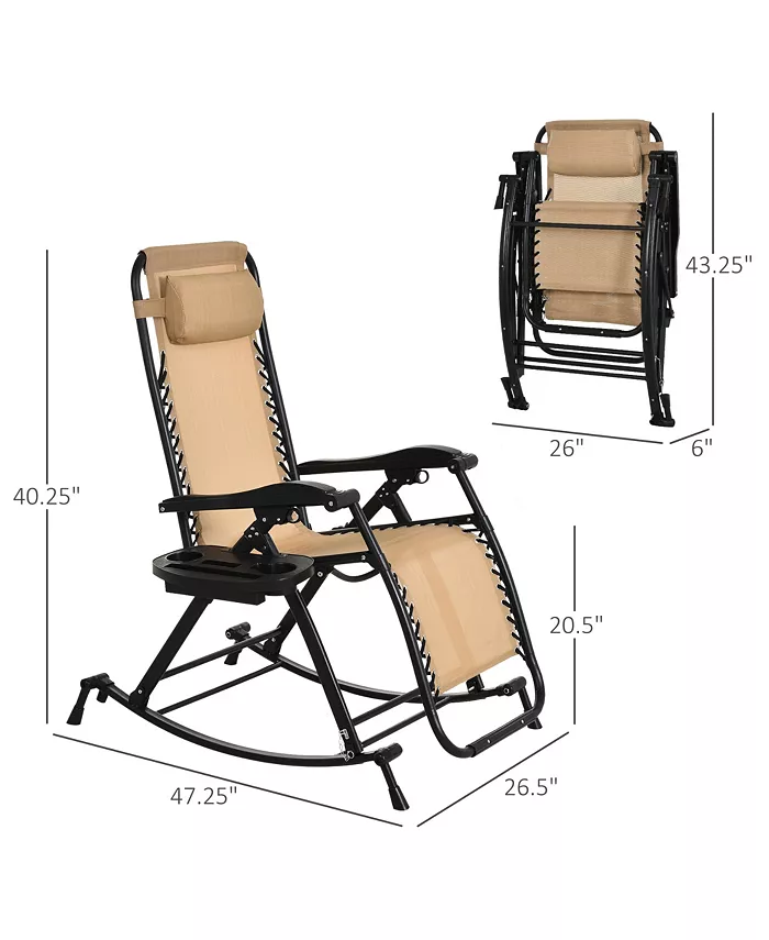 Outsunny Zero Gravity Reclining Rocking Chair Lounge Rocker Folding Pillow Side Tray Cup and Phone Holder Beige