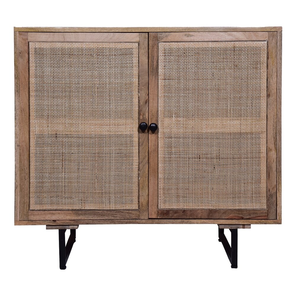 35 Inch Handcrafted Accent Cabinet with 2 Mesh Rattan Doors  Black Iron Legs Natural Brown Mango Wood Frame