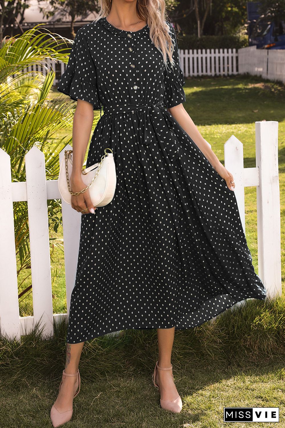 Ruffle Sleeves Polka Dot Buttoned Long Dress