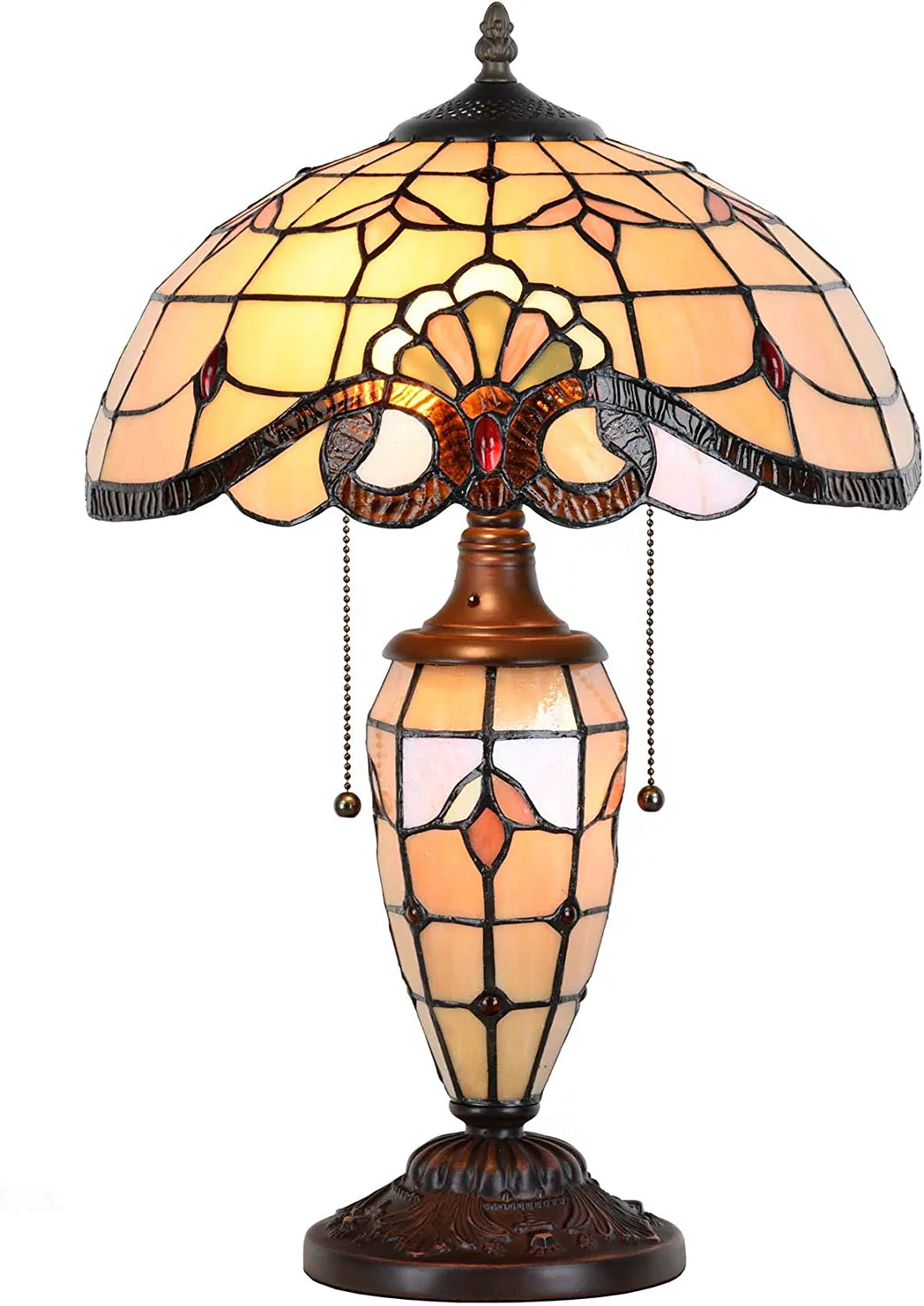 Bieye L10799 Baroque  Style Stained Glass Table Lamp, Lighted Base, 14" W x 21" H