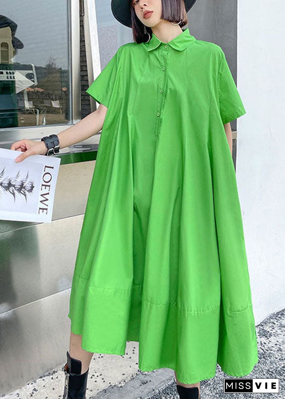 Style Green Button Patchwork Fall Short Sleeve Dresses