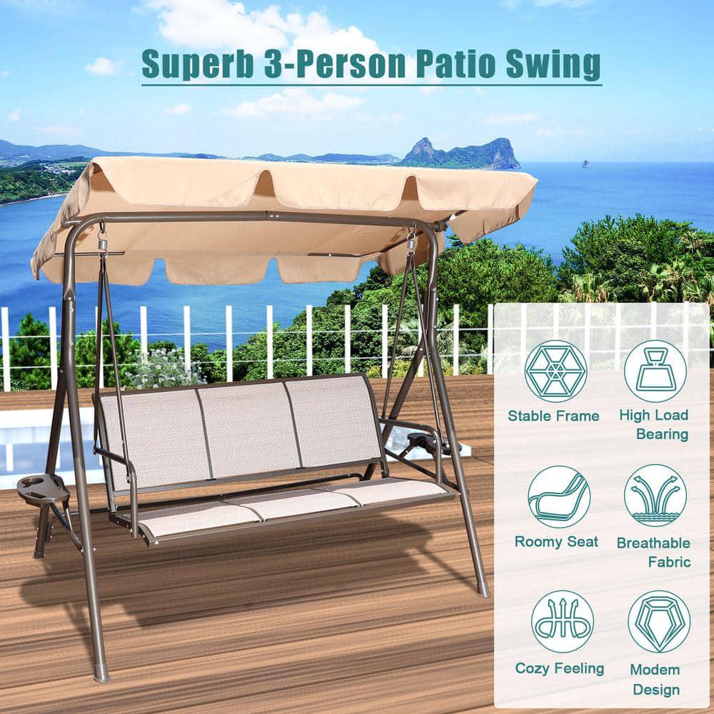 Tatayosi 3Person Beige Metal Outdoor Patio Swing Chair with Canopy