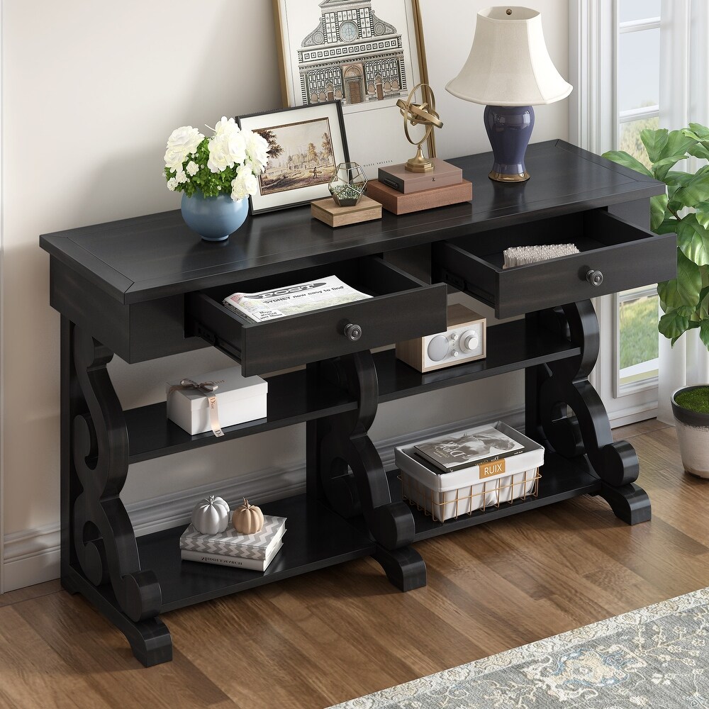 Storage Console Table with Open Shelves and Drawers for Entrance and Living Room