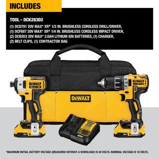 DW 20V MAX XR Cordless Brushless DrillImpact 2 Tool Combo Kit with (2) 20V 2.0Ah Batteries and Charger DCK283D2