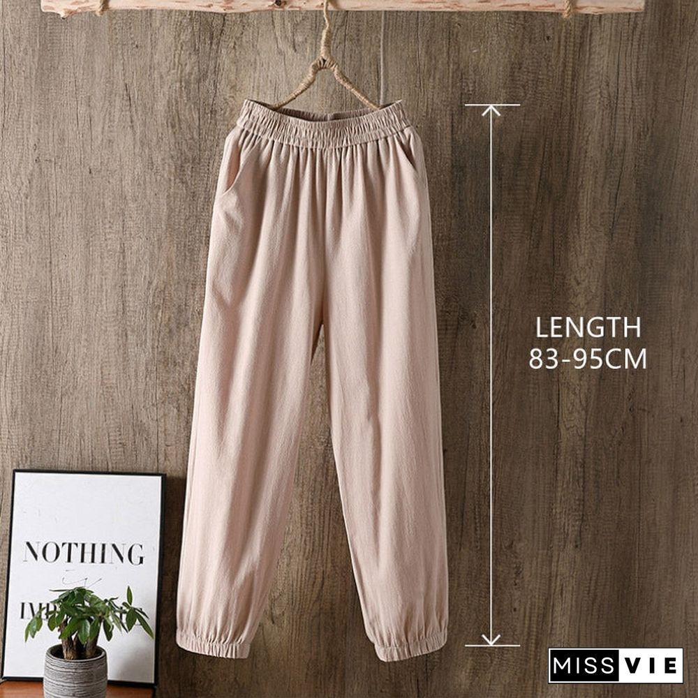 Casual Style Cotton Linen Pants Women Spring Summer New Elastic Waist Solid Basic Retro Loose Women'S Harem Pants Trousers