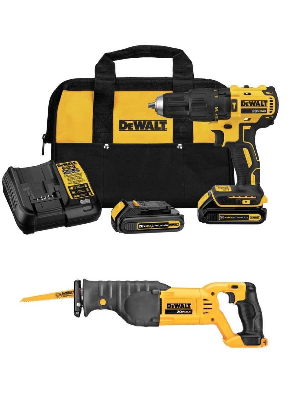 DEWALT 20V Max 1/2 Hammer Drill & Reciprocating Saw Kit Bundle