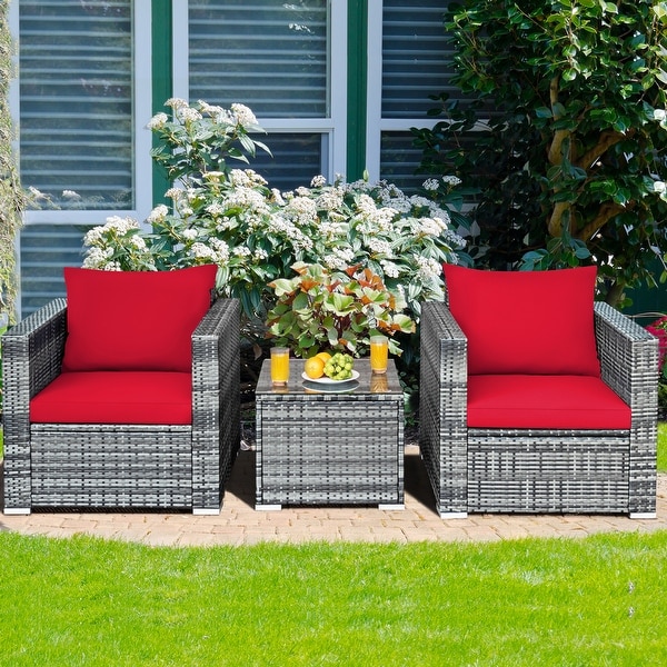 Gymax 3PCS Rattan Patio Conversation Furniture Set Outdoor Yard w/ Red