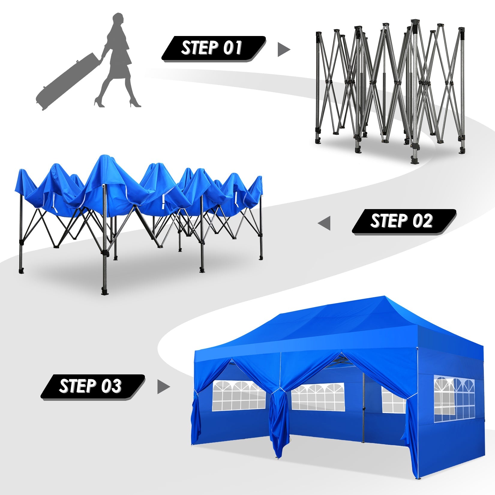 10'x20' Pop Up Canopy Waterproof Folding Tent Outdoor Easy Set-up Instant Tent Heavy Duty Commercial Wedding Party Shelter with 6 Removable Sidewalls, 6 Sandbags, Roller Bag, Blue