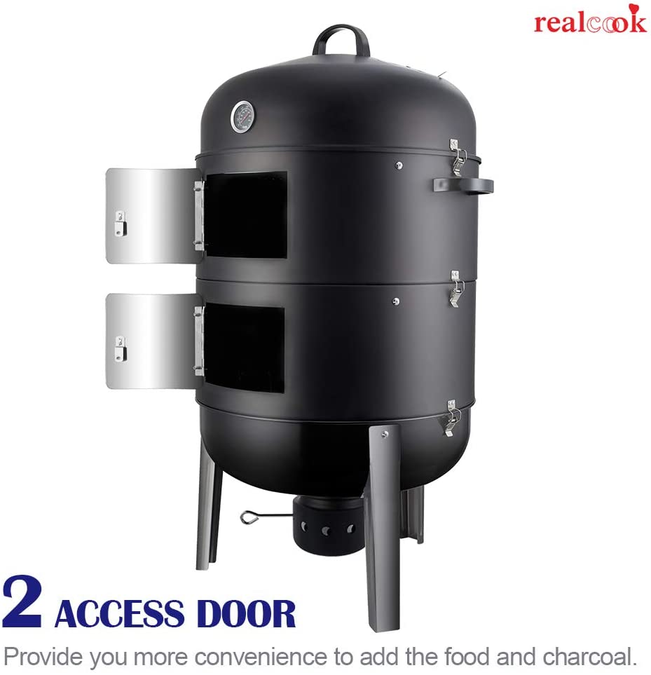 Realcook Charcoal BBQ Smoker Grill - 20 Inch Vertical Smoker for Outdoor Cooking Grilling