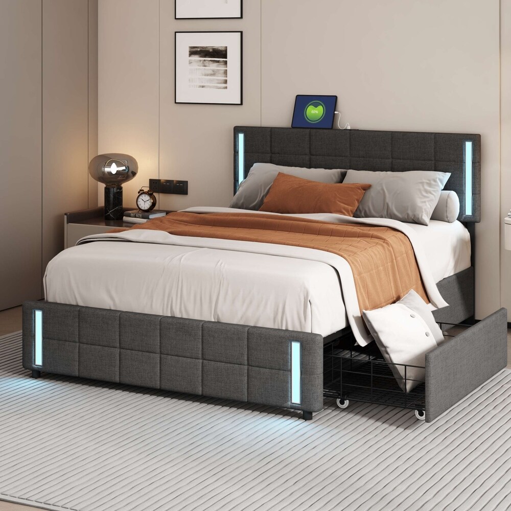 Queen Size Upholstered Platform LED Bed Frame