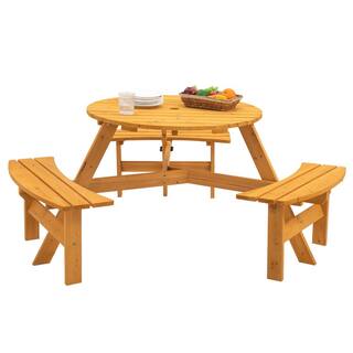 Afoxsos Light Brown Circular Outdoor Wooden Picnic Table with 3 Built-In Benches for Patio Backyard Garden 1720 lbs. Capacity HDMX2711