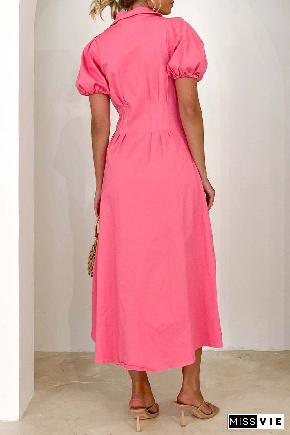 Casual Solid Buckle Turndown Collar A Line Dresses