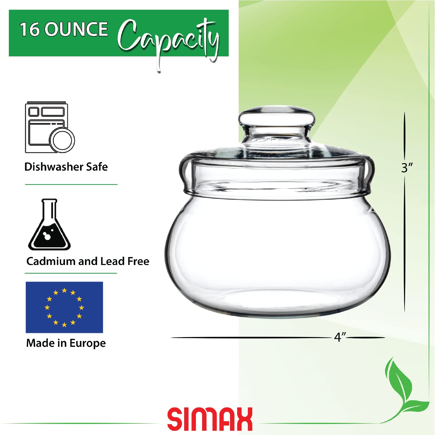 Simax Clear Glass Sugar Bowl With Lid: Borosilicate Glass Sugar Containers For Countertop - Sugar Cube Container - Sugar Jar - Sugar Bowls - Tea and Coffee Sweetener and Sugar Dish - 16 Ounce Sugar Holder