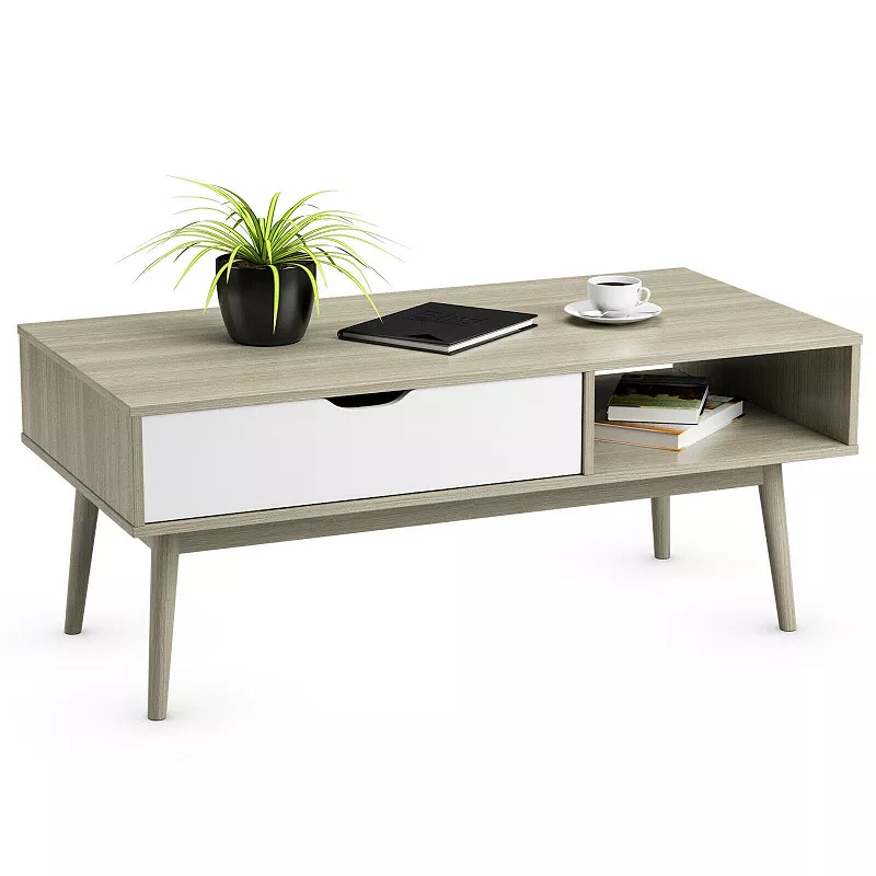 Coffee Cocktail Accent Table with Drawer and Storage Shelf-Gray