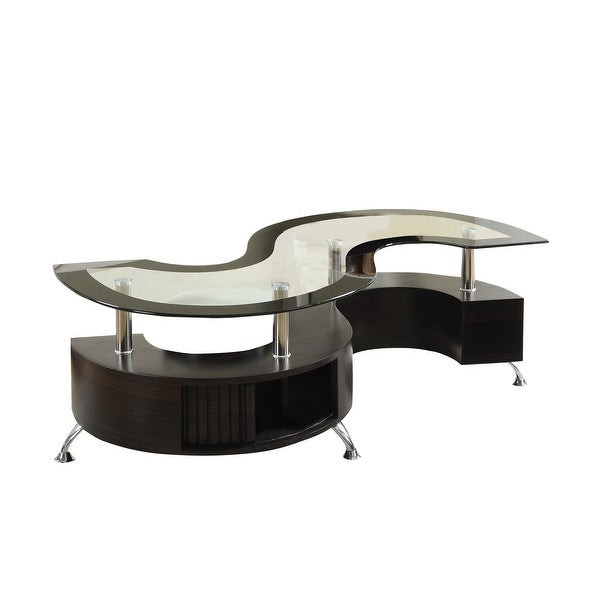 S Shape Contemporary Wood Base Coffee Table with Glass Top，Silver and Brown