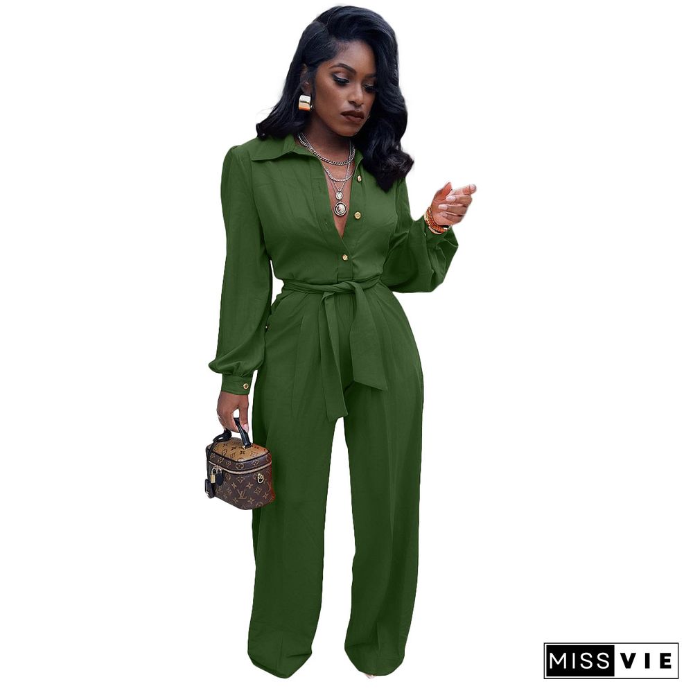 Solid Turn Down Collar Wide Leg Jumpsuit With Belt