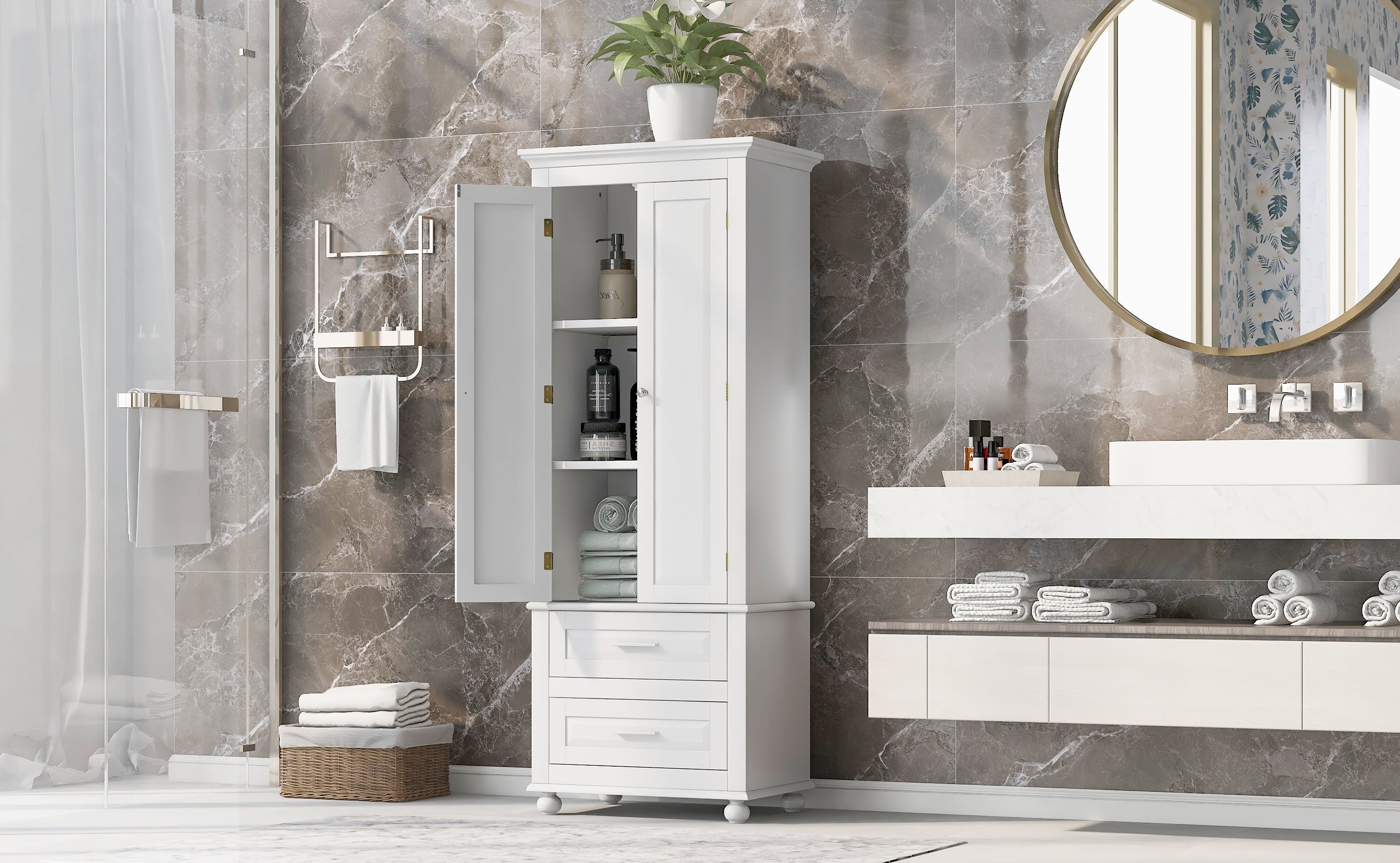 Bellemave Tall Storage Cabinet with Adjustable Shelves, Bathroom Cabinet, Wooden Storage Cabinet with 2 Drawers Storage Organizer Cupboard Floor Cabinet, White