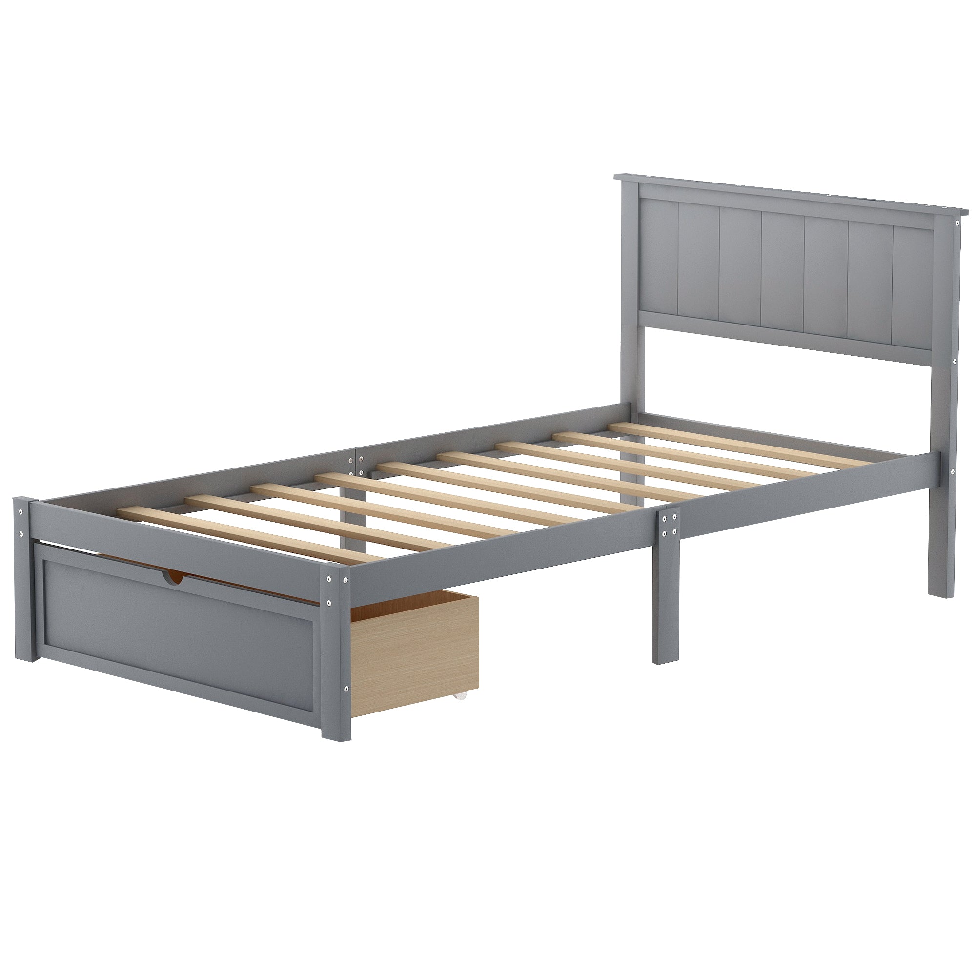 EUROCO Twin Wood Platform Bed with Headboard & Big Storage Drawer for Kids, Gray