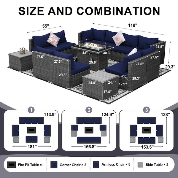 Nicesoul Outdoor Grey Wicker Sectional Furniture Patio Sofa Set with Firepit Table