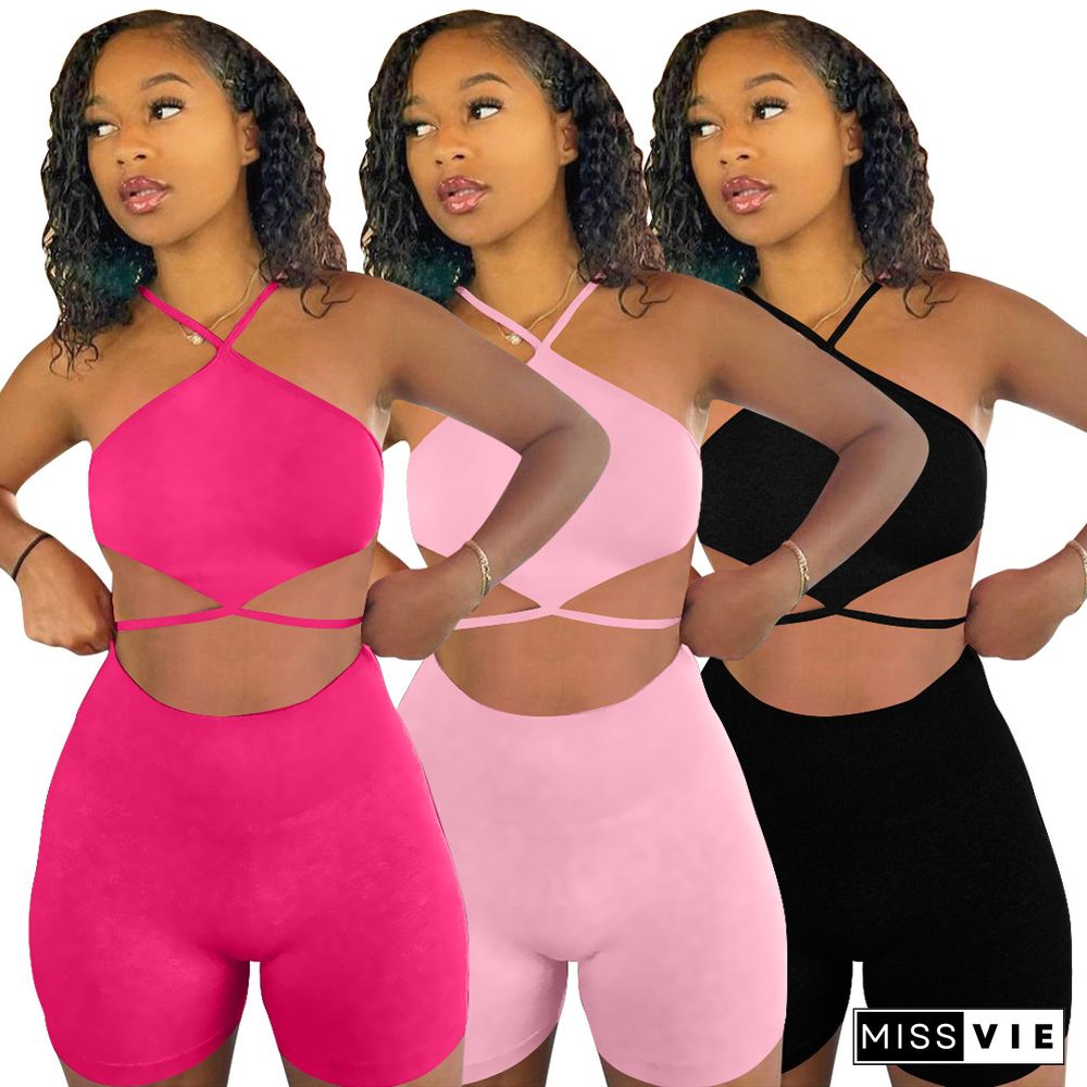 Sexy Solid Bandage Halter Crop Top Biker Shorts Two Piece Outfits