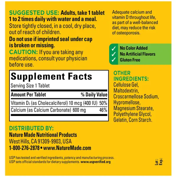 Nature Made Calcium (Carbonate) 600mg with D3 Mega Size Tabets